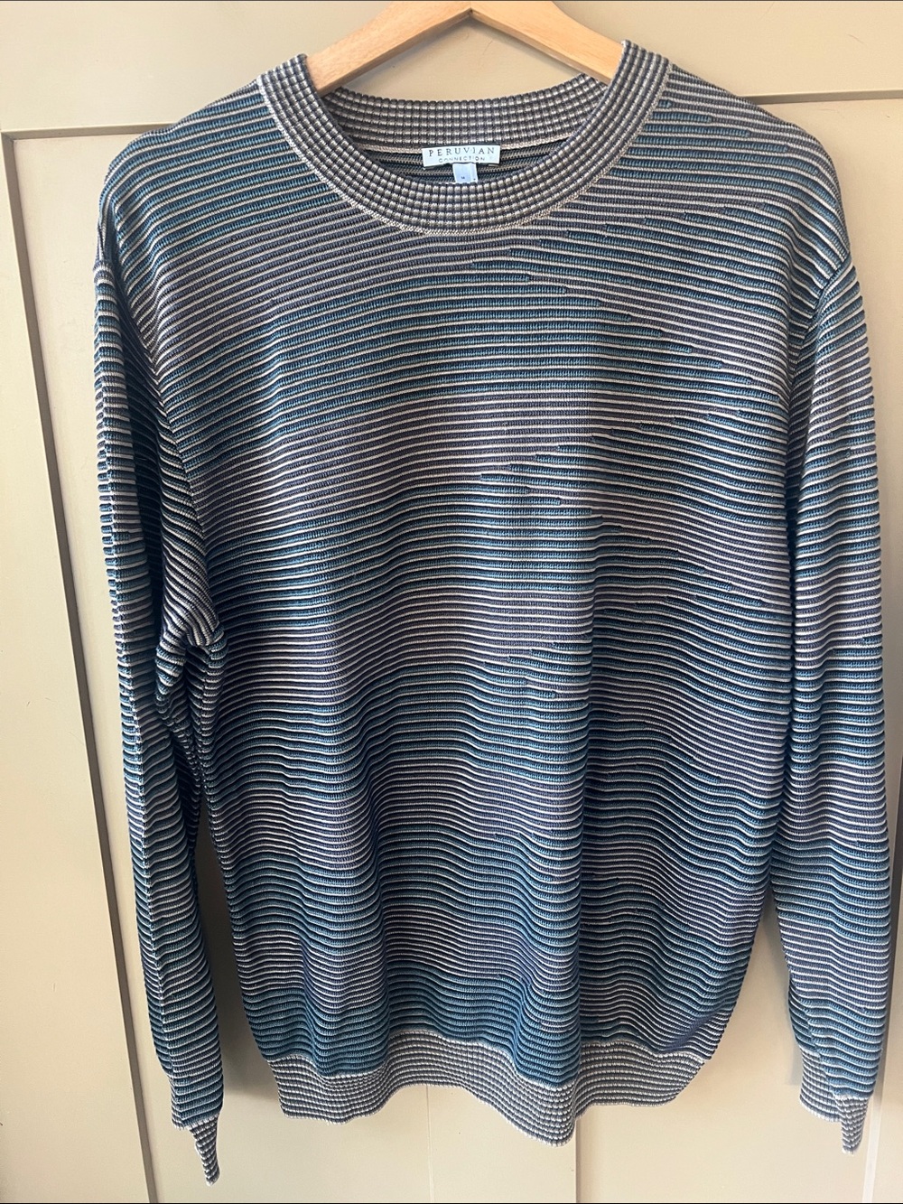 Peruvian Connection Mens M Crew Neck 3D Cotton Sweater Blue Brown Geo Print
